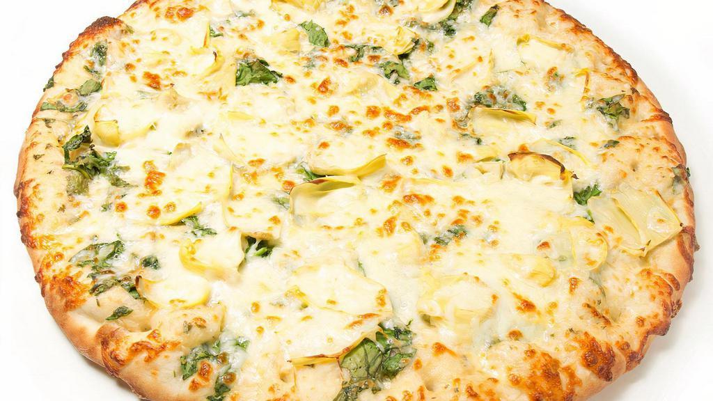 Spinach And Artichoke Pizza · White garlic sauce, artichoke chunks, fresh spinach, pecorino Romano and mozzarella cheese.
