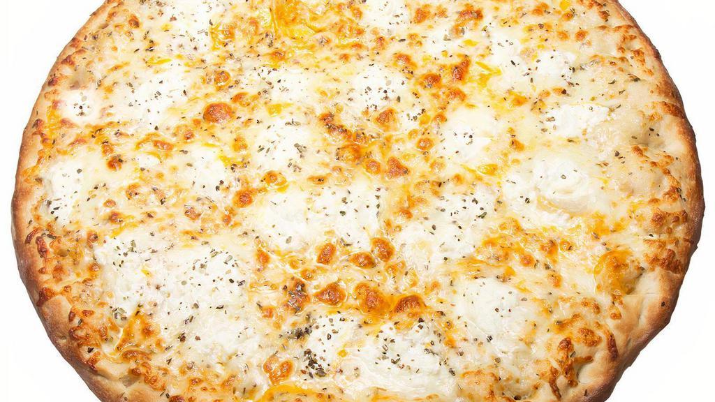 Garlic 4 Cheese Pizza · White garlic sauce, mozzarella, ricotta, cheddar cheese, pecorino Romano and oregano.