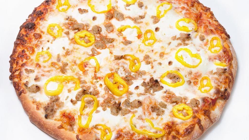 The Bonnie And Clyde Pizza · Tomato sauce, banana peppers, sausage, ricotta and mozzarella cheese.