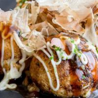Panko Takoyaki · 4 pieces of Battered Octopus Balls with Panko Crust, Kewpie Mayo, Okonomiyaki Sauce, Smoked ...