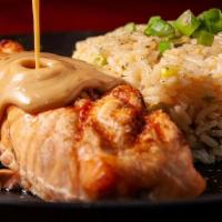 Grilled Salmon · Atlantic salmon filet, scallion fried rice & grilled asparagus with ginger soy beurre - blan...