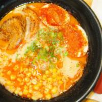 Spicy Miso Tonkotsu · Creamy pork bone broth and miso paste wavy noodles, chashu (pork), scallions and sweet corn ...