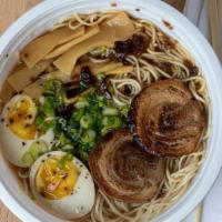 Shoyu · Clear chicken broth and soy sauce tare straight noodle, chashu (pork), scallions and bamboo ...