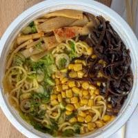 Vegan Miso · Vegan miso broth and soy cream wavy noodles, scallions, sweet corn, wood ear mushrooms, bamb...