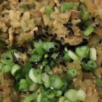 Yakimeshi · Japanese style fried rice, onions, carrots, napa cabbage, soy sauce, sesame oil, garlic, sal...