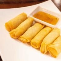 Thai Spring Roll · Deep-fried roll stuffed with cabbage, bean thread, carrot and shrimp served with plum sauce.