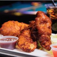 Tempura Battered Chicken Strips · House-made specialty.  3 jumbo fresh chicken tenderloins that have been brined and buttermil...