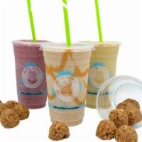3 Smoothies And 3 Protein Bites · Includes 3 smoothies of your choice.  Please specify in the notes section.