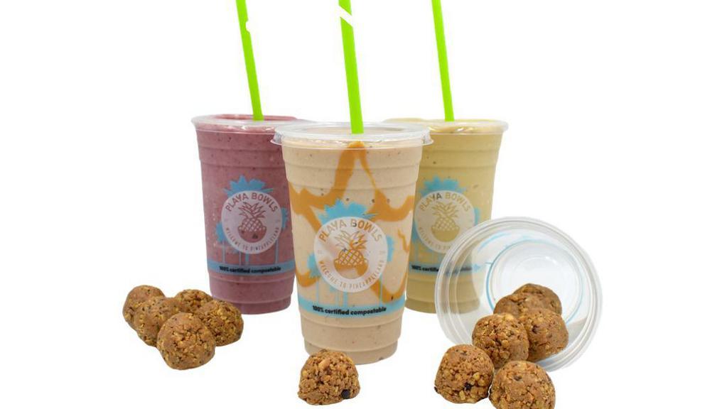 3 Smoothies & 3 Packs Playa Protein Bites · Includes 3 20oz Smoothies & 3 Packs Playa Protein Bites