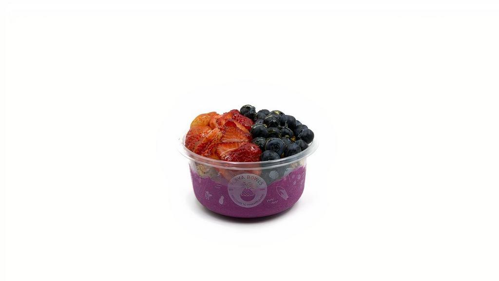 Dragonberry Pitaya Bowl · Pitaya blend topped with granola, strawberry, blueberry, and honey. Pitaya base blended with pitaya, banana, pineapple, and coconut milk.