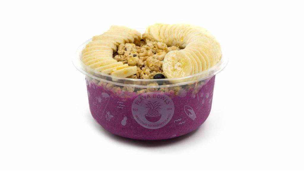 Pink Power · Pitaya blend (pitaya, banana, pineapple, coconut milk) with vanilla whey protein topped with blueberry flax granola, banana, honey