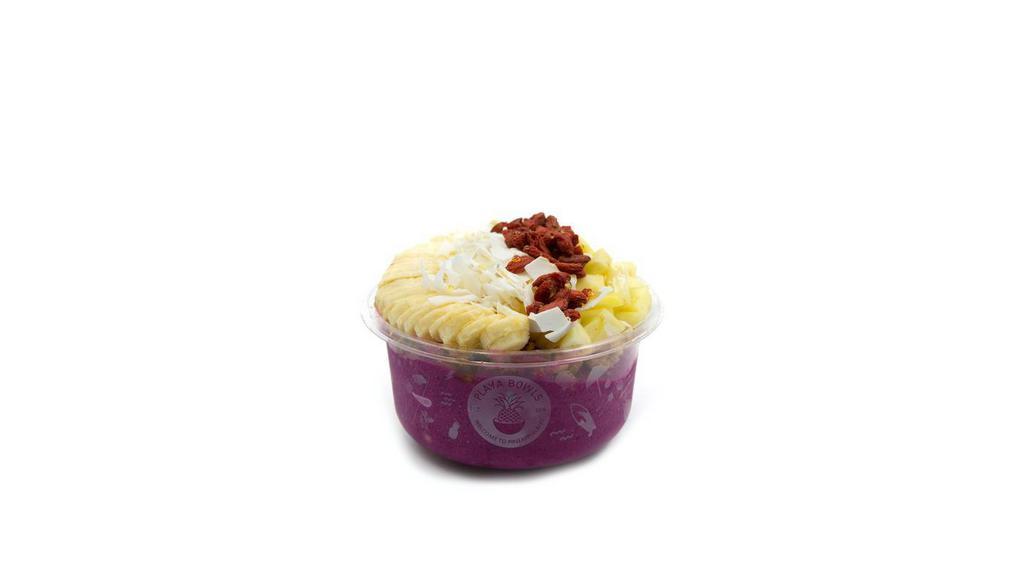 Goji- Pitaya Bowl · Pitaya blend topped with granola, banana, pineapple, goji berries, coconut flakes, and honey.