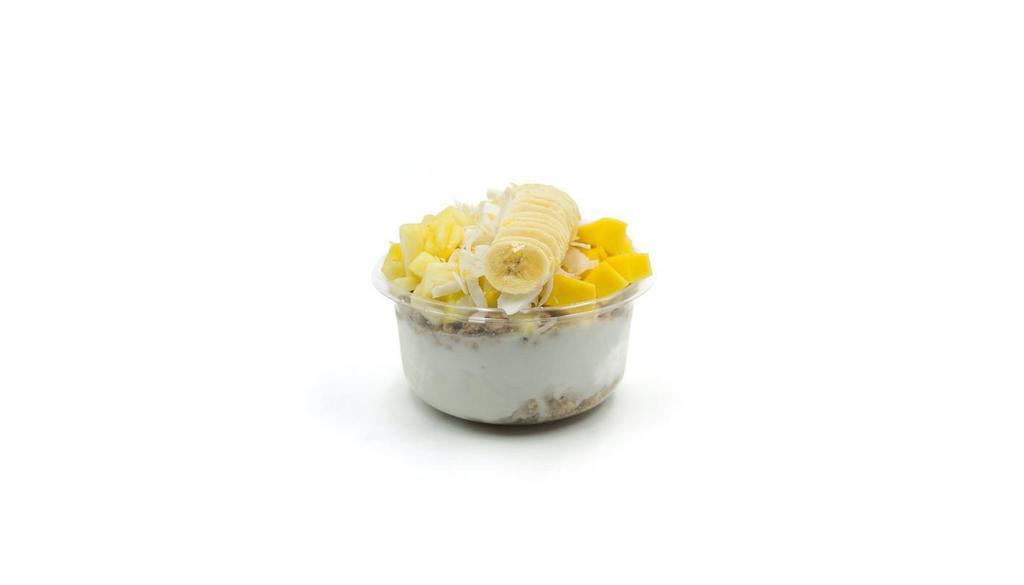 Coco Craze · Coconut blend topped with granola, banana, pineapple, mango, coconut flakes and honey.