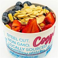 Blueberry, Strawberry, And Sliced Almonds Oatmeal Bowl · Steel cut and organic.