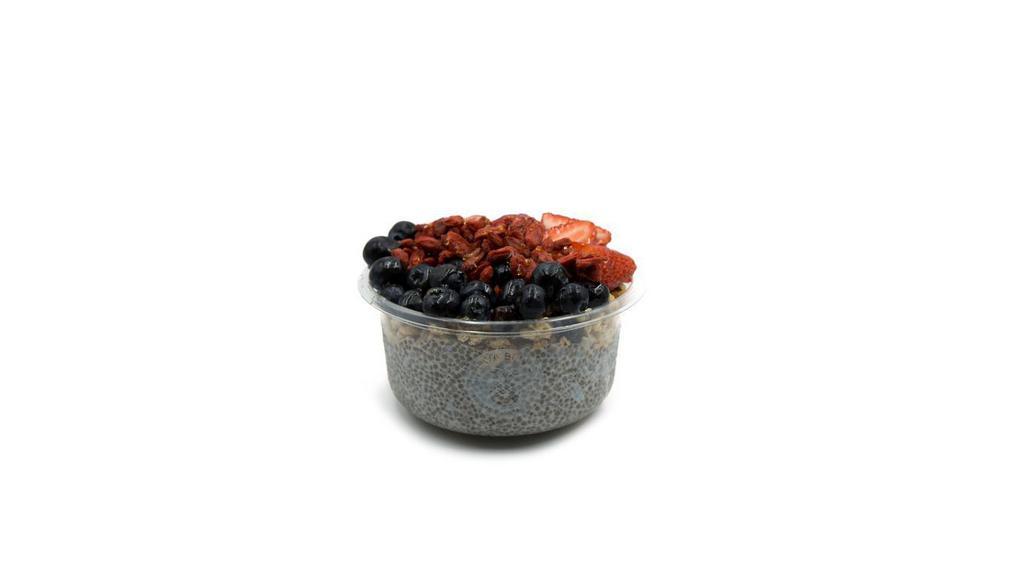 The Jetty- Chia Bowl* · Chia pudding topped with blueberry flax granola, strawberry, blueberry, goji berries, and honey.