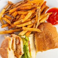 Chicken Avocado Sandwich With Fries · Grilled chicken, brie, bacon, honey mustard served with house-made hand-cut fries.