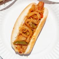 Hot Works Dog  · Mustard, Kraut, & Our Famous Hot Onions on out Hot Dog