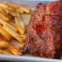 Baby Back Rib Platter · 8 rack house-rubbed, smoked, mopped and grilled, served with any 2 sides.