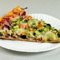 Veggie Pizza · Topped with mushrooms tomatoes green peppers onions and olives.