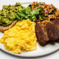 Egg Plate (C) · Free range scrambled eggs | Grilled Pork Sausage | Avocado Toast | Black Bean & Corn Pico