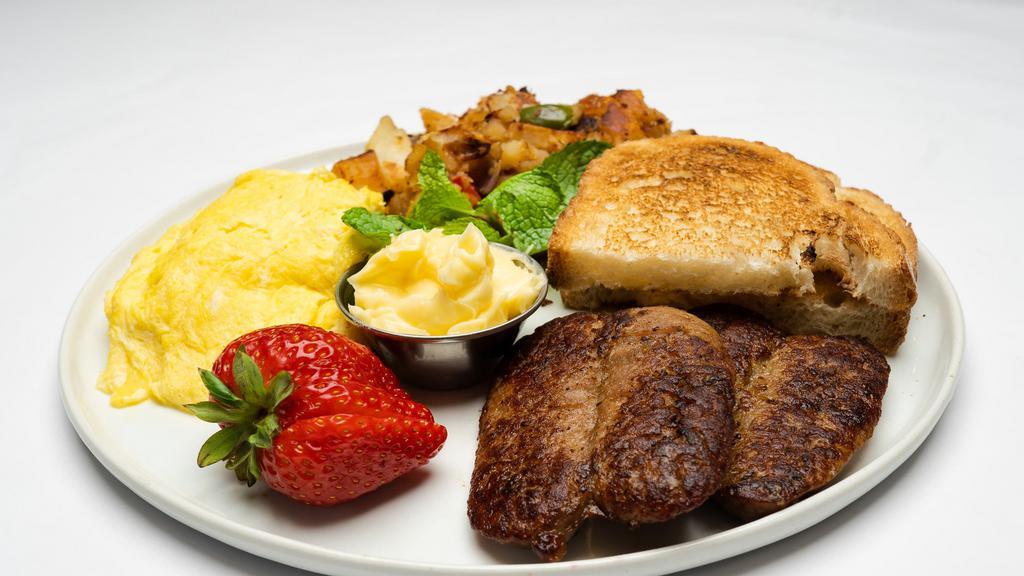 Egg Plate (A) · Free range eggs with toast & potatoes | Bacon (Pork or Turkey) or Grilled Pork Sausage