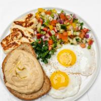 Egg Plate (B) · Free range sunny eggs | Athenian Salad | Grilled Haloumi Cheese | Hummus | Eight Grain Pullman