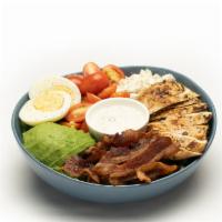 Classic Cobb · Romaine Mix | Grill Herbed Chicken | Bacon | ½ Avocado | Sliced Egg | Grape Tomatoes | Blue ...