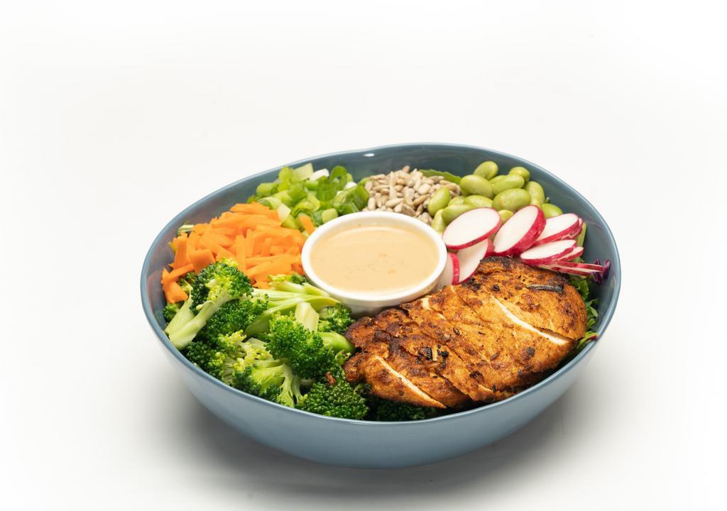 Asian Crunch · Arugula Cabbage Mix | Spicy Chicken | Edamame | Broccoli | Sunflower Seeds | Radish | Carrots | Scallions | Sesame Ginger