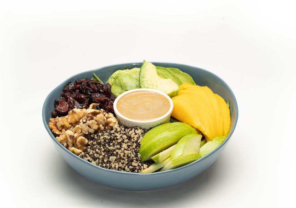 Harvest Bowl (Vegan) · Super Greens | Organic Quinoa | ½ Avocado | Mango | Walnuts | Green Apple | Dried Cranberries | Balsamic Vinaigrette