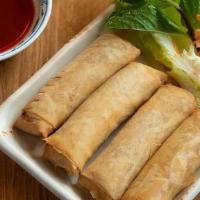 Pork Spring Rolls (4 Pieces) · Spring roll with pork, taro, served with lettuce, mint leaves and dipping sauce.