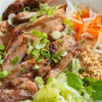 Bun Thit Nurong / Grilled Pork Vermicelli Noodle · Grilled pork served on rice vermicelli w. shredded lettuce, cucumber, bean sprout, top with ...