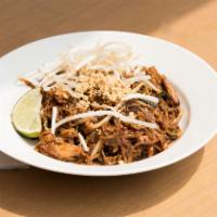 Pad Thai · Hot and spicy. Sweet radish, egg, chives, bean sprout, roasted peanut, fresh lime, paprika.