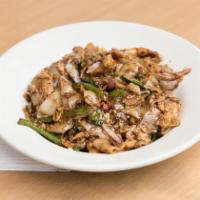 Pad Kee Mao · Hot and spicy. Fresh flat chow fun, birdseye chili, onion, bell pepper, basil leaves, curry ...