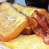 French Toast Supreme · French toast with two eggs and choice of bacon or pork sausage or ham.