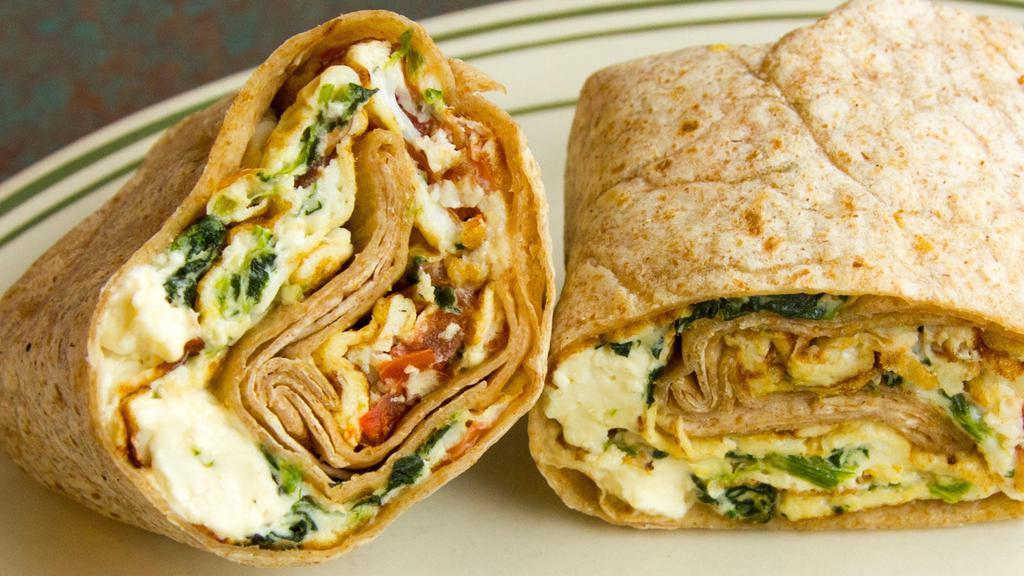 Healthy Wrap #2 · Egg White Omelet with Spinach, Tomato and Feta Cheese served on whole wheat wrap.