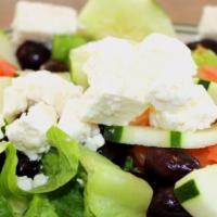 Greek Salad · Romaine, tomato, cucumber, onion, feta cheese, and olive.