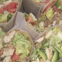 Cobb Wrap · Grilled chicken, lettuce, tomato, and sliced avocado. Wraps are whole wheat and served with ...