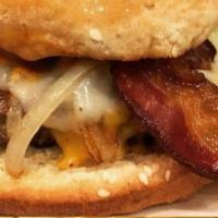 Chicago Burger · Wisconsin Cheddar cheese Hardwood smoked bacon, cooked onions, 8 ounce angus beef burger mel...