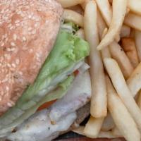 Grilled Chicken W/ Cheese Deluxe · Served with French fries, lettuce, tomato, and pickle.