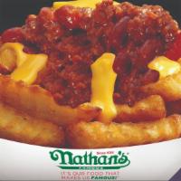 Chili Cheese Fries · Crinkle cut fries topped with Nathan's chili and cheddar cheese sauce.