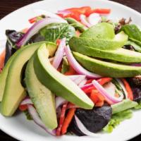 Avocado Salad · Freshly sliced avocado over mesclun spring mix, red peppers, tomatoes and red onions.