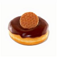 Stroopwafel Donut · A chocolate frosted ring, topped with Stroopwafel cookie.