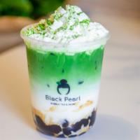 Matcha Boba · Matcha tea latte with brown sugar tapioca pearls topped with whipped cream.
