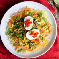 Egg Biryani · Fresh basmati rice made with fresh vegetables, boiled eggs, homemade spices, and mint leaves.