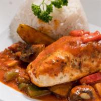 Pollo Guajira · Served with stuffed chicken breast with sweet plantain, mozzarella cheese, tomato, peppers, ...