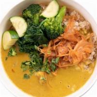 Tibetan Mama · Brown rice, coconut peanut butter curry sauce, steamed greens and kimchi. Contains onion, pe...