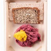 Red Beet Caviar · Red beet, sunflower seeds, apple cider vinegar, onion. Served with gluten free crackers. Glu...