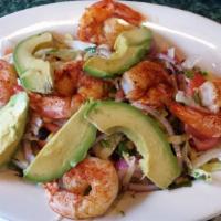 Tuscan Shrimp Salad · Tomato, fresh mozzarella cheese, red onions, kalamata olives, roasted red peppers, oregano, ...