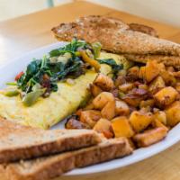 Veggie Omelet · Onions, Peppers, Mushrooms & spinach with choice of Toast and Potatoes