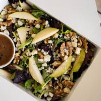 Pear Salad · Baby greens, pears, walnuts & crumbled blue cheese with balsamic dressing